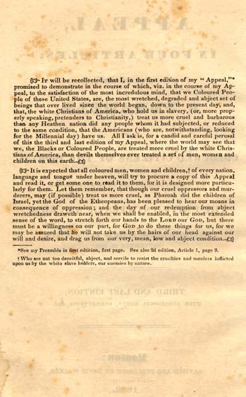 Walker's Appeal, in Four Articles: Together with a Preamble, to the Coloured Citizens of the World, But in Particular, and Very Expressly, to Those of the United States of America by David Walker